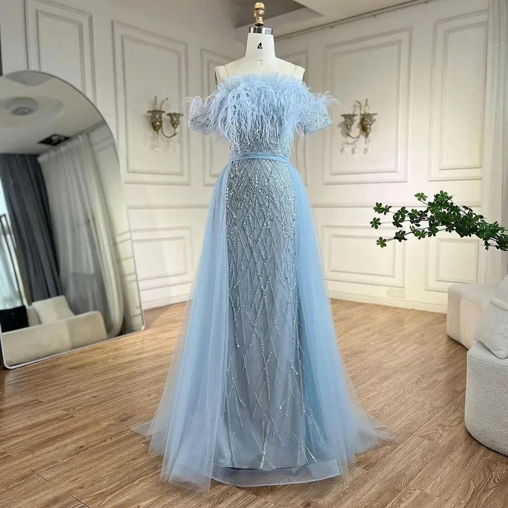 Serene Hill Dubai Luxury Beaded  Blue Mermaid Elegant Overskirt Evening Dresses Gowns For Women Wedding Party LA71634