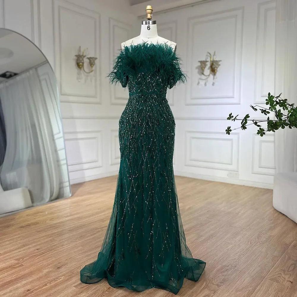 Serene Hill Dubai Luxury Beaded  Blue Mermaid Elegant Overskirt Evening Dresses Gowns For Women Wedding Party LA71634
