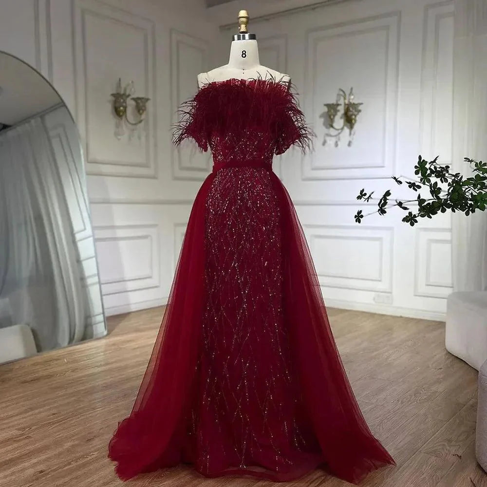 Serene Hill Dubai Luxury Beaded  Blue Mermaid Elegant Overskirt Evening Dresses Gowns For Women Wedding Party LA71634