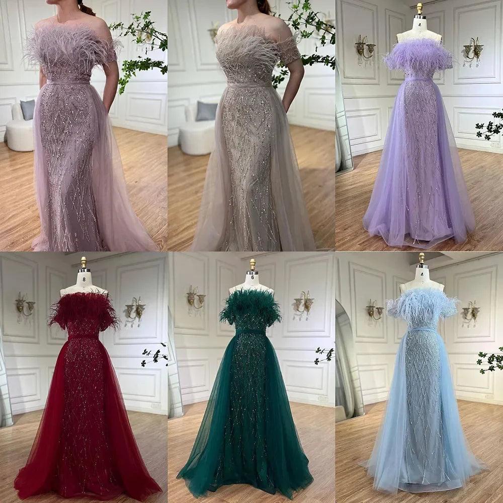 Serene Hill Dubai Luxury Beaded  Blue Mermaid Elegant Overskirt Evening Dresses Gowns For Women Wedding Party LA71634