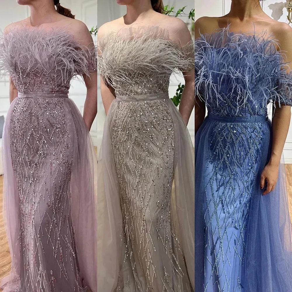 Serene Hill Dubai Luxury Beaded  Blue Mermaid Elegant Overskirt Evening Dresses Gowns For Women Wedding Party LA71634