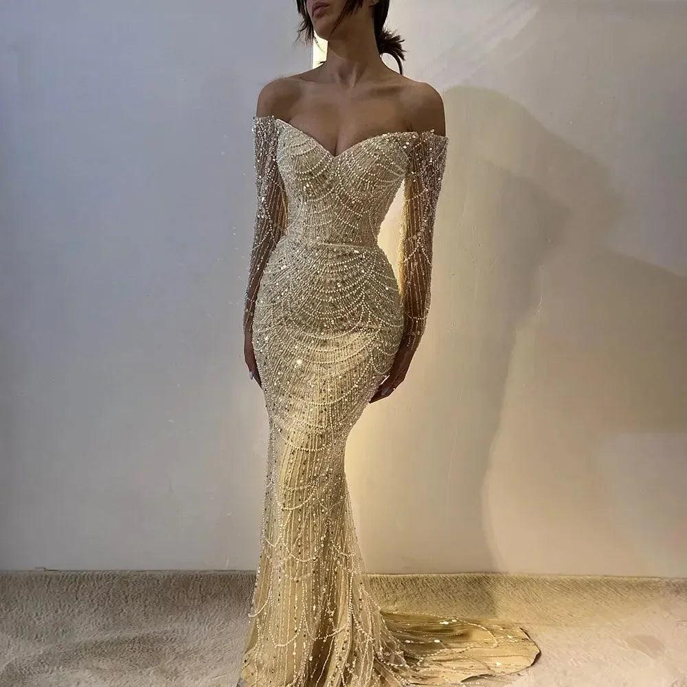 Serene Hill Dubai Nude Elegant Mermaid Arabia Luxury Beaded Evening Dresses Gowns 2024 For Women Wedding Party LA72243