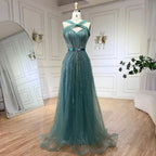 Serene Hill Dubai Turquoise Spaghetti Strap Mermaid Luxury Beaded Evening Dresses Gowns For Women Wedding Party