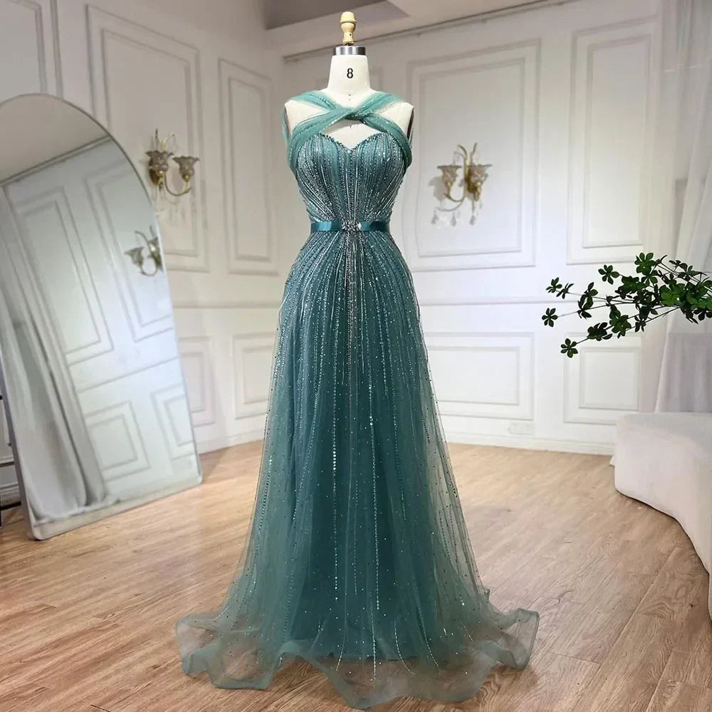 Serene Hill Dubai Turquoise Spaghetti Strap Mermaid Luxury Beaded Evening Dresses Gowns For Women Wedding Party