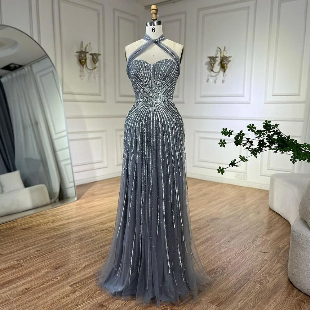 Serene Hill Dubai Turquoise Spaghetti Strap Mermaid Luxury Beaded Evening Dresses Gowns For Women Wedding Party