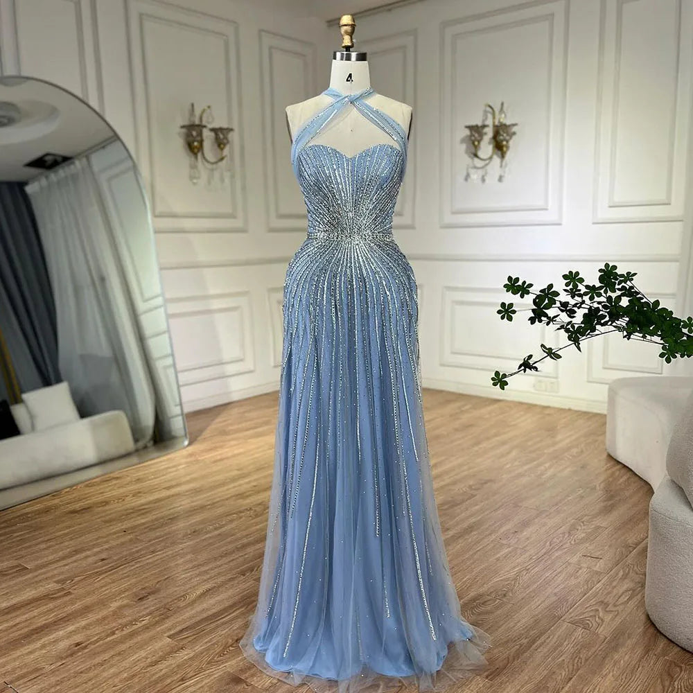 Serene Hill Dubai Turquoise Spaghetti Strap Mermaid Luxury Beaded Evening Dresses Gowns For Women Wedding Party