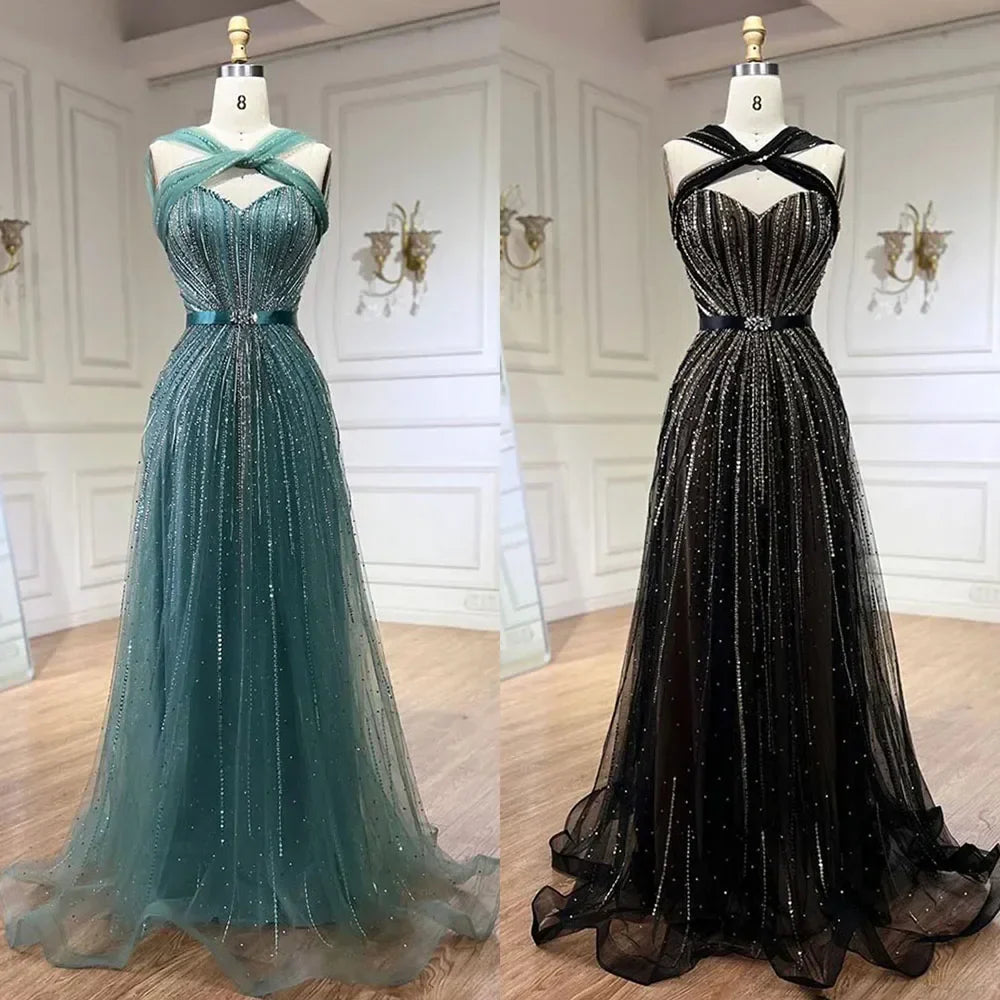Serene Hill Dubai Turquoise Spaghetti Strap Mermaid Luxury Beaded Evening Dresses Gowns For Women Wedding Party