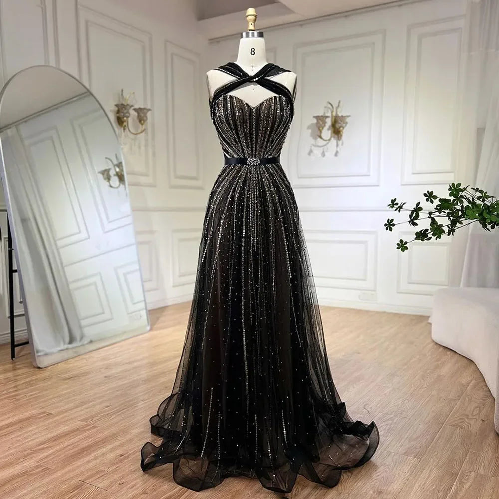 Serene Hill Dubai Turquoise Spaghetti Strap Mermaid Luxury Beaded Evening Dresses Gowns For Women Wedding Party