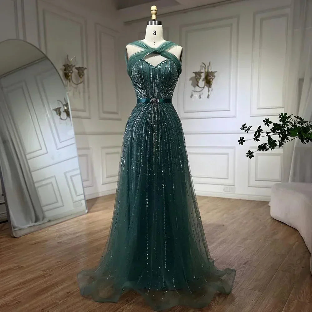 Serene Hill Dubai Turquoise Spaghetti Strap Mermaid Luxury Beaded Evening Dresses Gowns For Women Wedding Party
