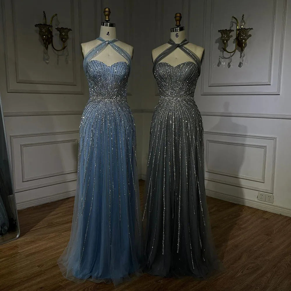 Serene Hill Dubai Turquoise Spaghetti Strap Mermaid Luxury Beaded Evening Dresses Gowns For Women Wedding Party