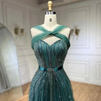 Serene Hill Dubai Turquoise Spaghetti Strap Mermaid Luxury Beaded Evening Dresses Gowns For Women Wedding Party