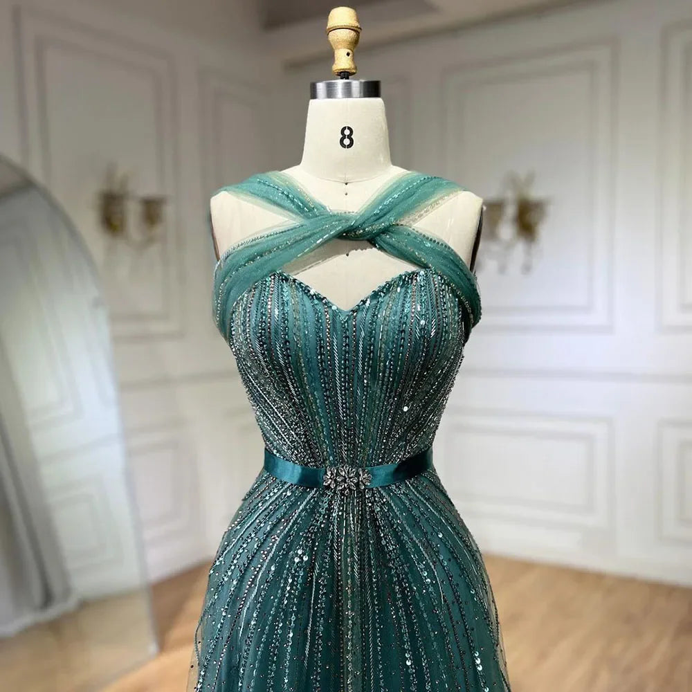 Serene Hill Dubai Turquoise Spaghetti Strap Mermaid Luxury Beaded Evening Dresses Gowns For Women Wedding Party