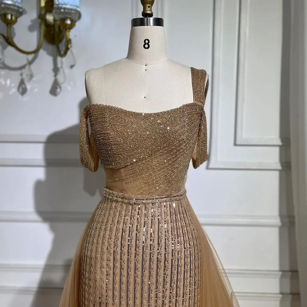 Serene Hill Gold Mermaid Elegant One Shoulder Overskirt Beaded Luxury Evening Dresses Gowns 2025 For Women Wedding Party&nbsp;