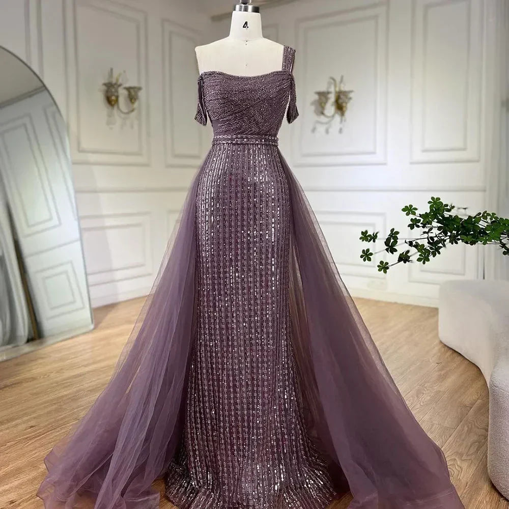 Serene Hill Gold Mermaid Elegant One Shoulder Overskirt Beaded Luxury Evening Dresses Gowns 2025 For Women Wedding Party&nbsp;