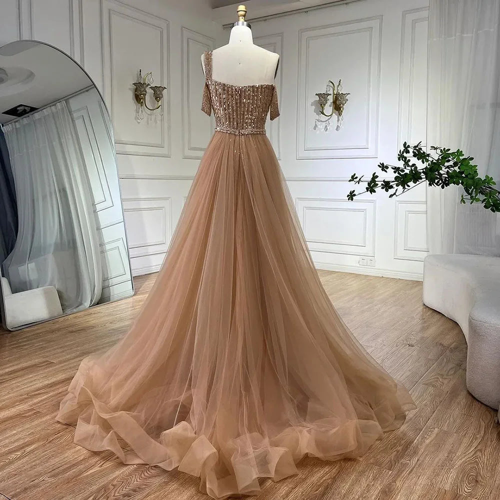 Serene Hill Gold Mermaid Elegant One Shoulder Overskirt Beaded Luxury Evening Dresses Gowns 2025 For Women Wedding Party&nbsp;
