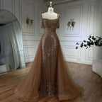 Serene Hill Gold Mermaid Elegant One Shoulder Overskirt Beaded Luxury Evening Dresses Gowns 2025 For Women Wedding Party&nbsp;