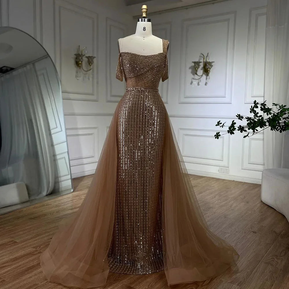 Serene Hill Gold Mermaid Elegant One Shoulder Overskirt Beaded Luxury Evening Dresses Gowns 2025 For Women Wedding Party&nbsp;