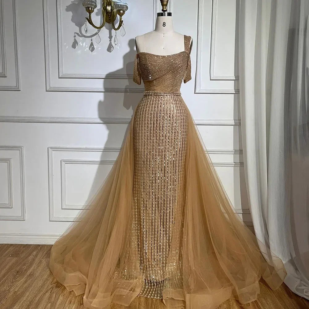 Serene Hill Gold Mermaid Elegant One Shoulder Overskirt Beaded Luxury Evening Dresses Gowns 2025 For Women Wedding Party&nbsp;