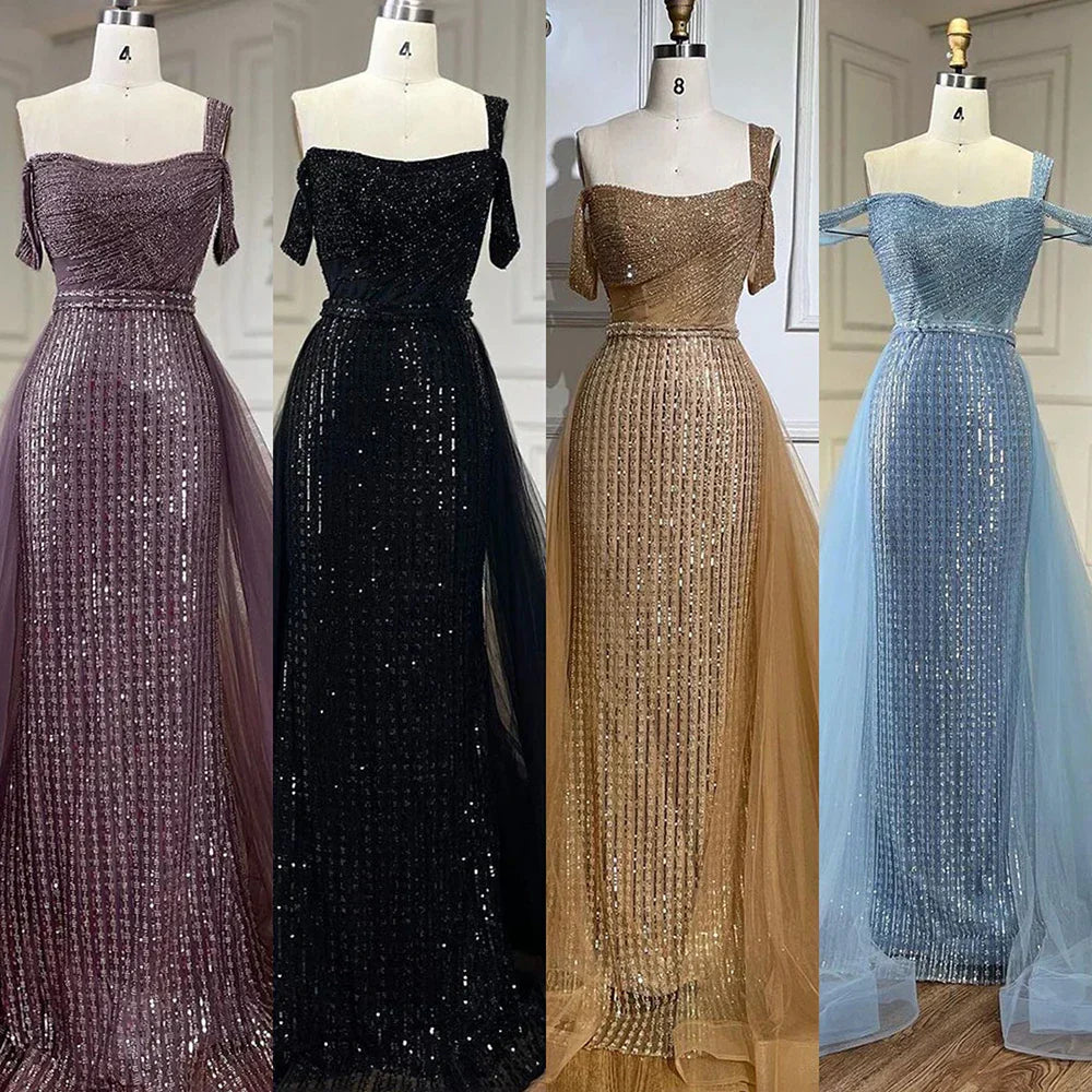 Serene Hill Gold Mermaid Elegant One Shoulder Overskirt Beaded Luxury Evening Dresses Gowns 2025 For Women Wedding Party&nbsp;