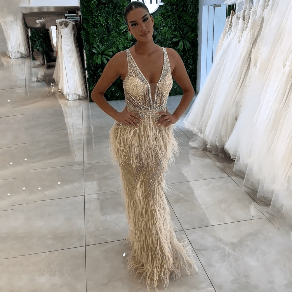 Serene Hill Gold Sexy High Split Mermaid Evening Dresses Gowns Backless Luxury Beaded Feather 2024 For Women Party LA71583