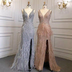 Serene Hill Gold Sexy High Split Mermaid Evening Dresses Gowns Backless Luxury Beaded Feather 2024 For Women Party LA71583
