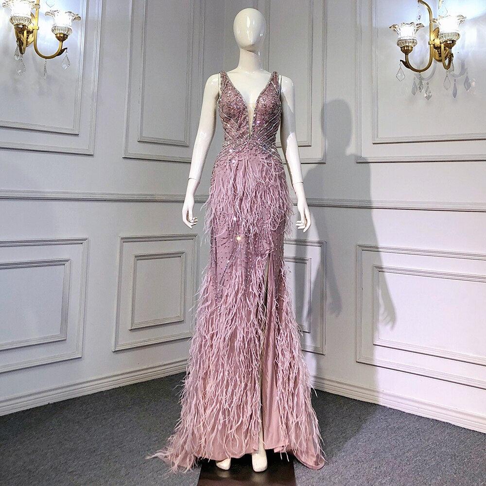 Serene Hill Gold Sexy High Split Mermaid Evening Dresses Gowns Backless Luxury Beaded Feather 2024 For Women Party LA71583