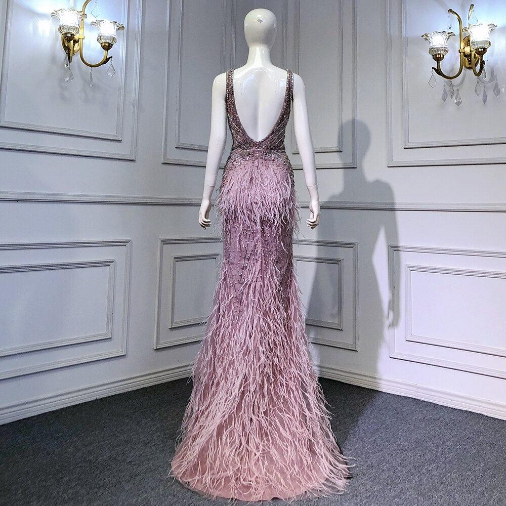 Serene Hill Gold Sexy High Split Mermaid Evening Dresses Gowns Backless Luxury Beaded Feather 2024 For Women Party LA71583
