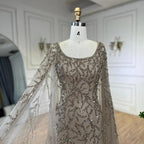 Serene Hill Gray Mermaid Arabic Evening Dresses Gowns Elegant Cape Sleeves Luxury Beaded 2024 For Women Wedding Party LA72149