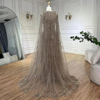 Serene Hill Gray Mermaid Arabic Evening Dresses Gowns Elegant Cape Sleeves Luxury Beaded 2024 For Women Wedding Party LA72149
