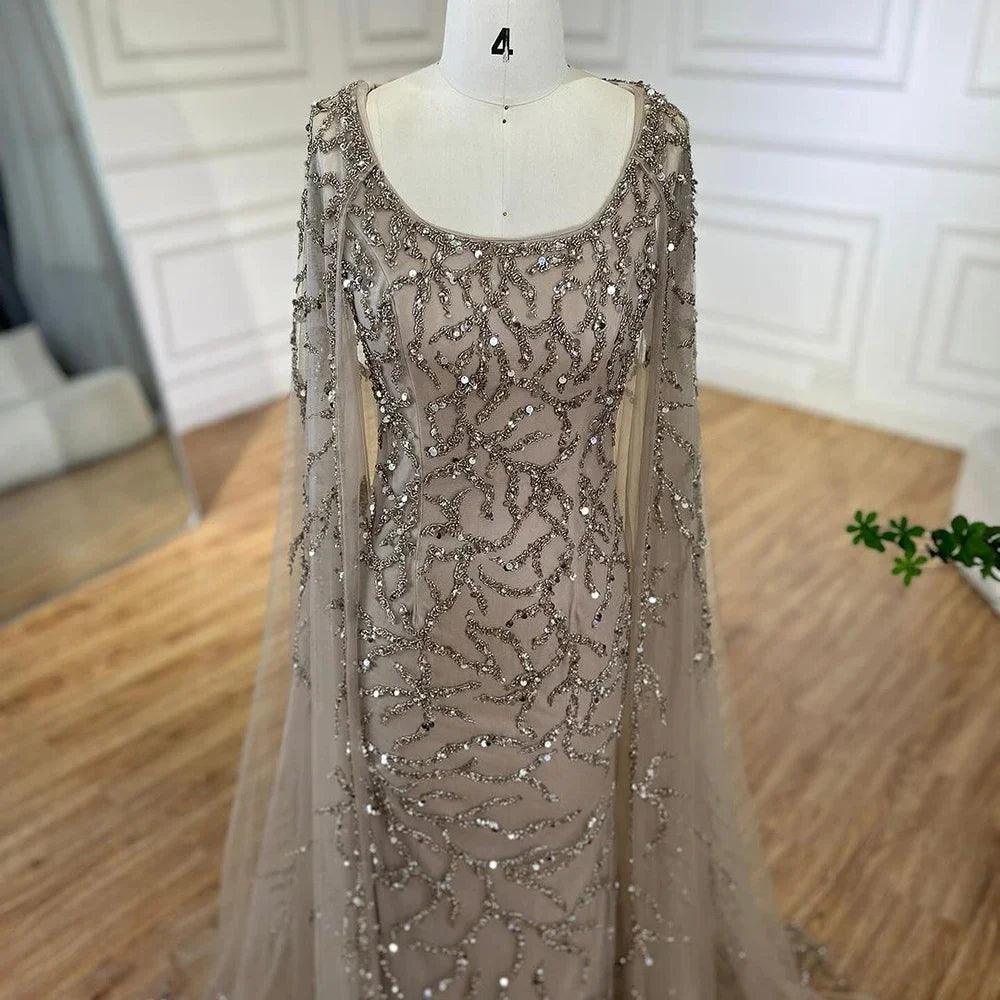 Serene Hill Gray Mermaid Arabic Evening Dresses Gowns Elegant Cape Sleeves Luxury Beaded 2024 For Women Wedding Party LA72149
