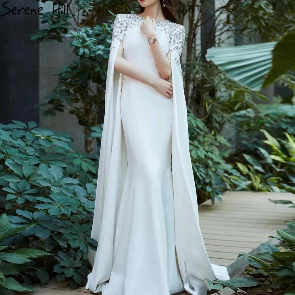 Serene Hill Green Mermaid Satin Cape Sleeves Beaded Elegant Evening Dresses Gowns For Women Party LA70934