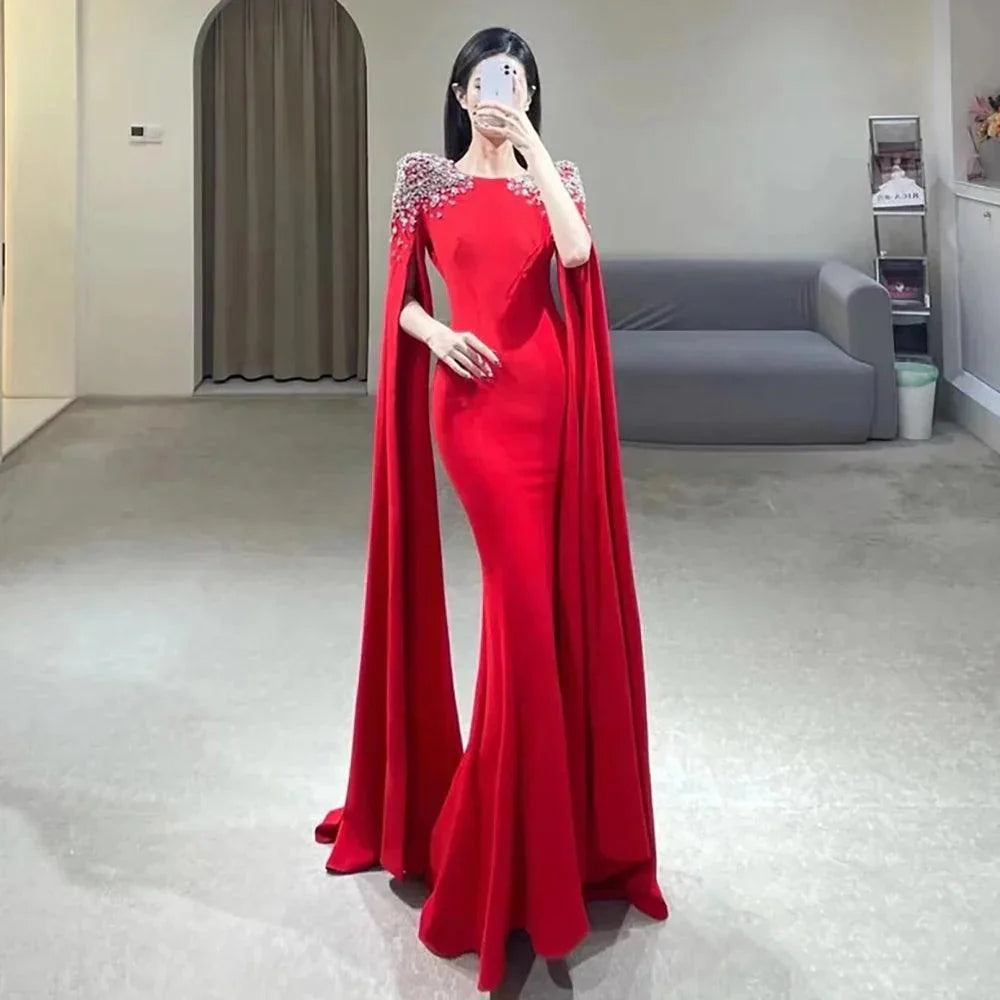 Serene Hill Green Mermaid Satin Cape Sleeves Beaded Elegant Evening Dresses Gowns For Women Party LA70934