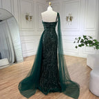 Luxury Green One Shoulder Mermaid Evening Dress with Cape