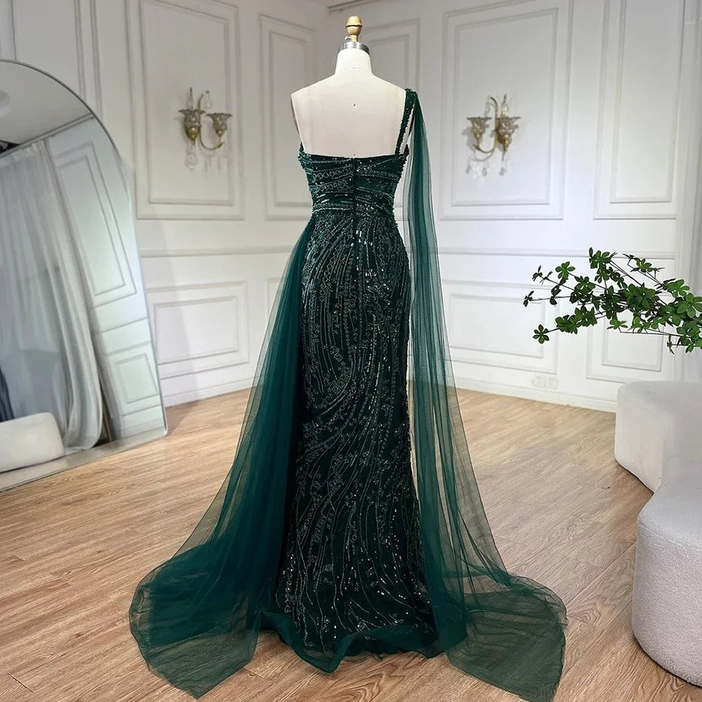 Luxury Green One Shoulder Mermaid Evening Dress with Cape