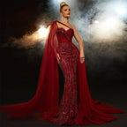 Luxury Green One Shoulder Mermaid Evening Dress with Cape