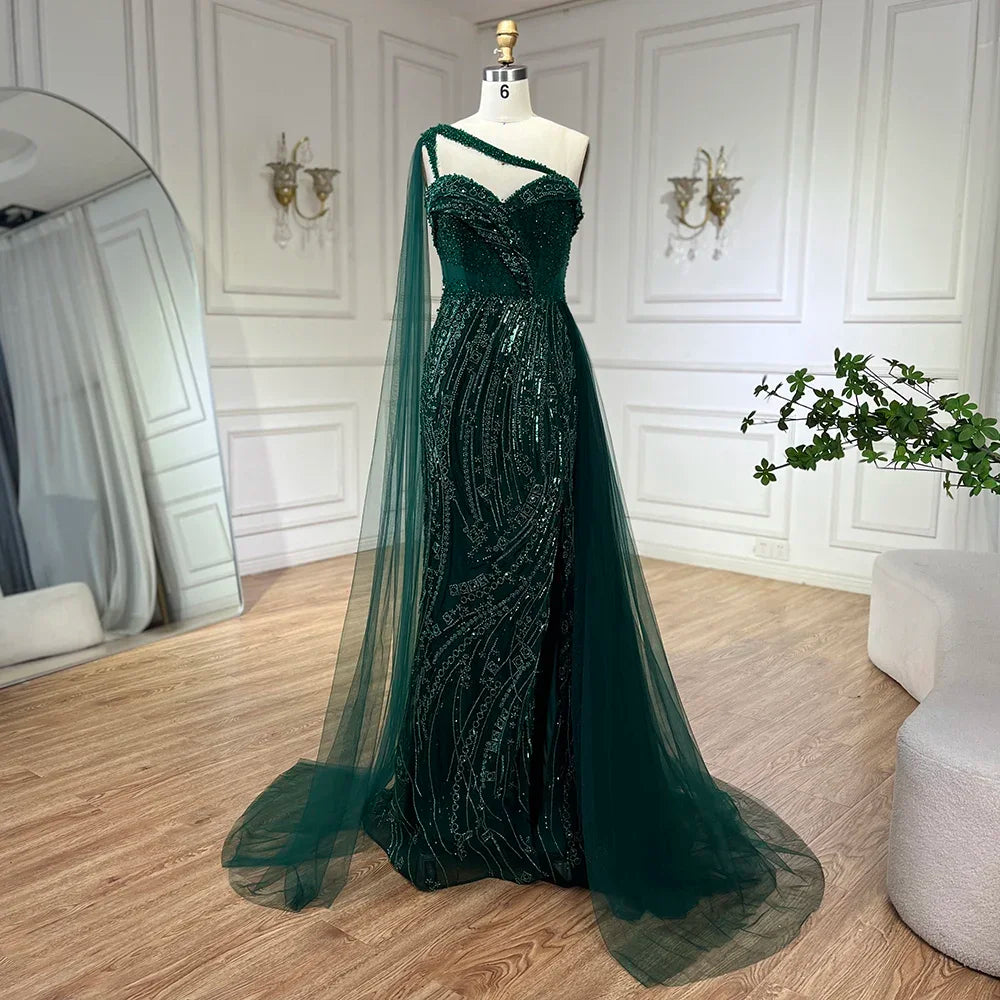Luxury Green One Shoulder Mermaid Evening Dress with Cape