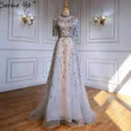 Serene Hill Grey Beaded Sparkle A-Line Evening Dresses Gowns 2024 Half Sleeves Luxury For Women Party LA71378