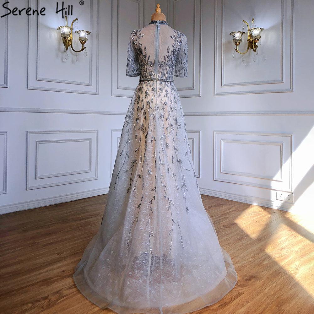 Serene Hill Grey Beaded Sparkle A-Line Evening Dresses Gowns 2024 Half Sleeves Luxury For Women Party LA71378