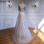 Serene Hill Grey Beaded Sparkle A-Line Evening Dresses Gowns 2024 Half Sleeves Luxury For Women Party LA71378