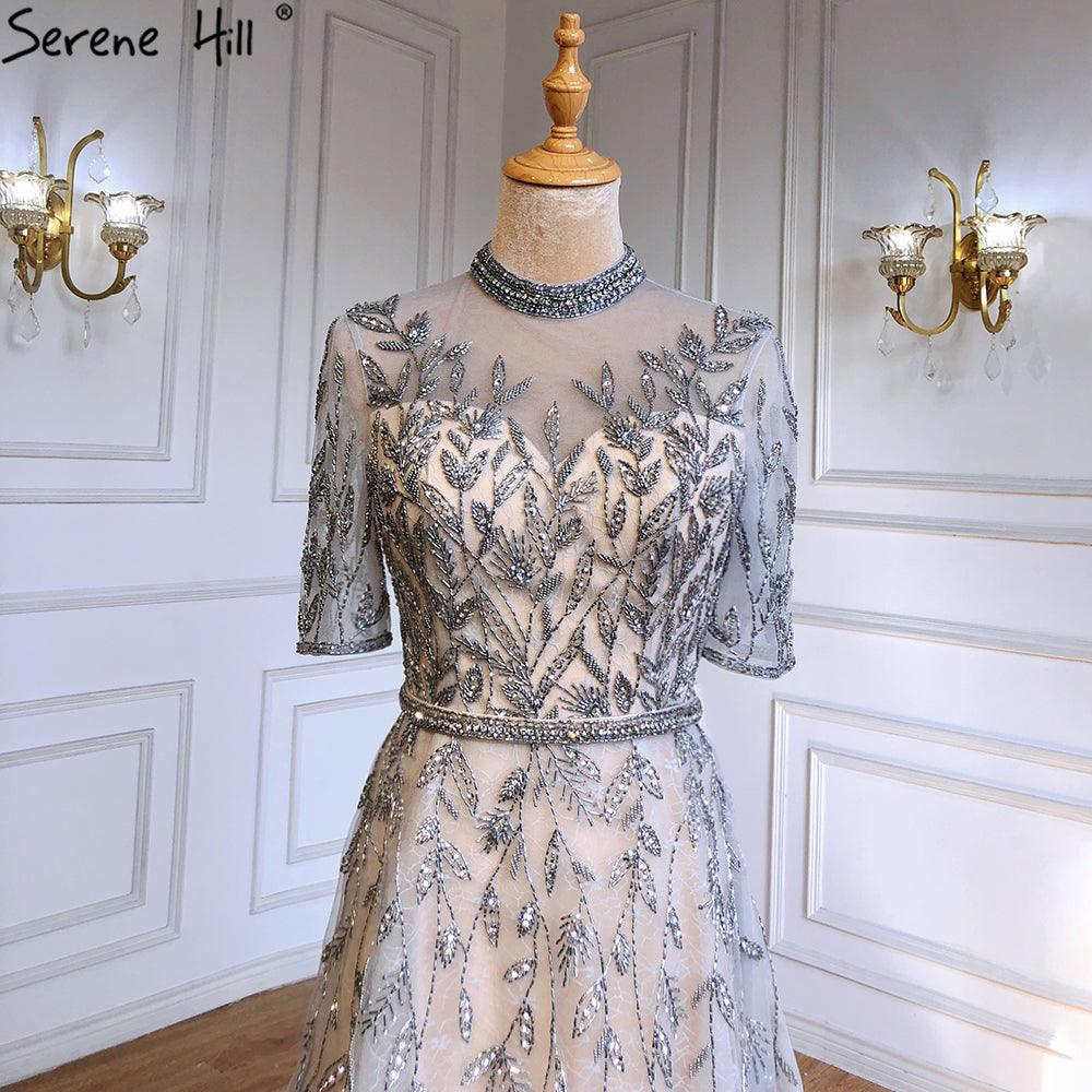 Serene Hill Grey Beaded Sparkle A-Line Evening Dresses Gowns 2024 Half Sleeves Luxury For Women Party LA71378
