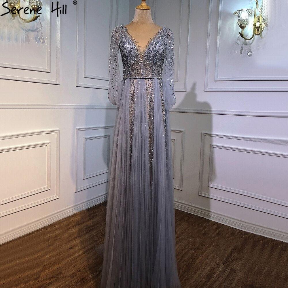 Serene Hill Grey Luxury A-Line Sexy Evening Dresses Gowns Diamond Beaded Elegant 2024 For Women Party LA70788