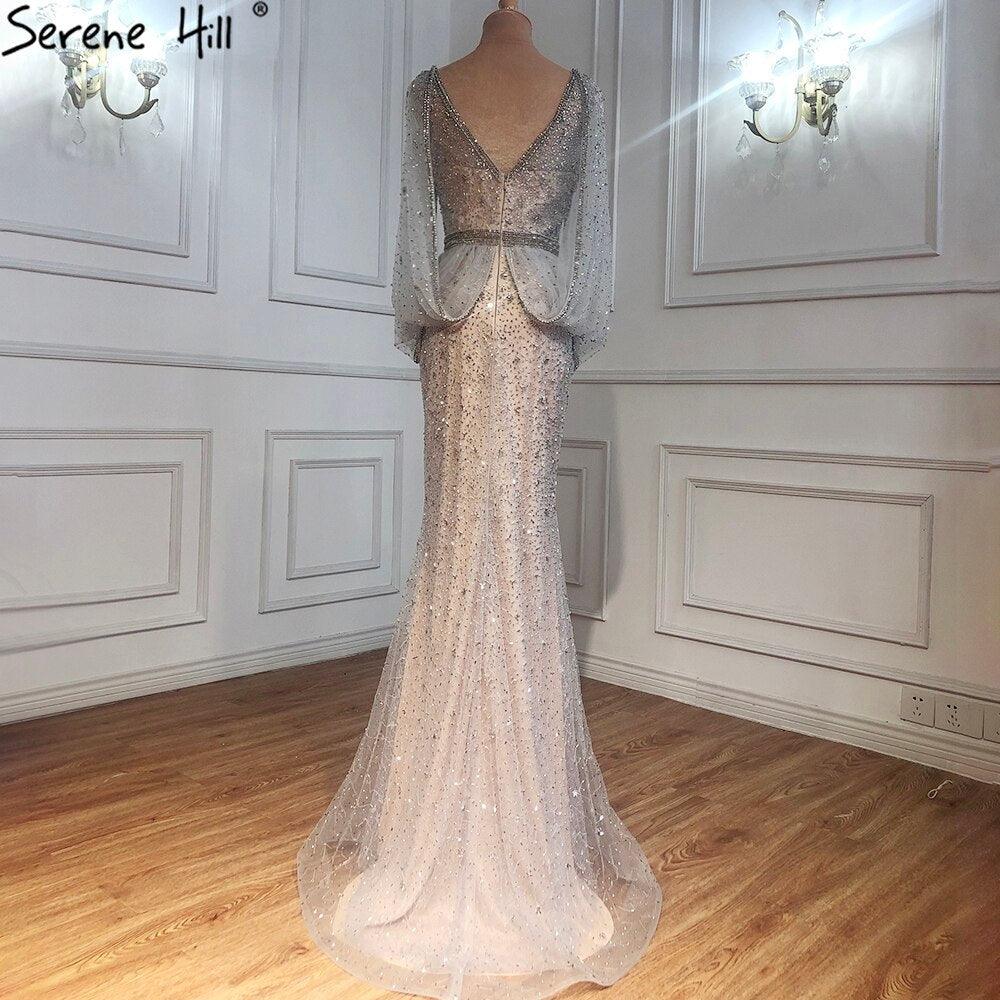 Serene Hill Grey Mermaid Luxury Sparkle Evening Dresses Gowns Elegant Beading Crystal Sexy For Women Party LA70847