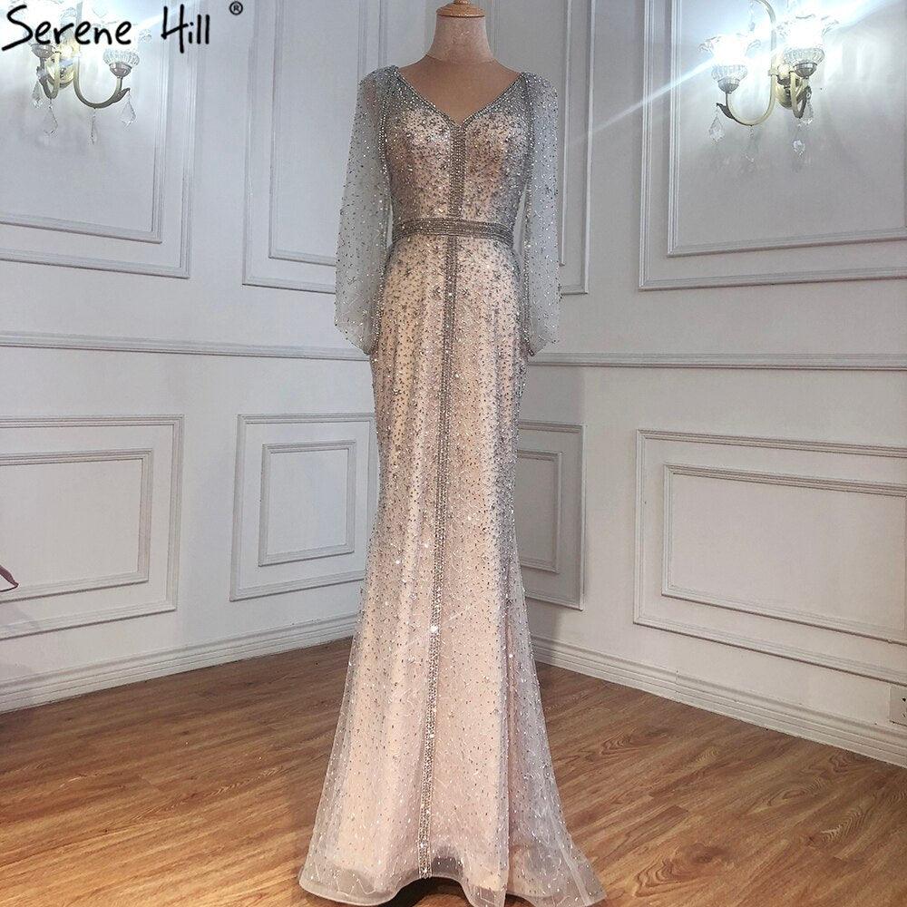 Serene Hill Grey Mermaid Luxury Sparkle Evening Dresses Gowns Elegant Beading Crystal Sexy For Women Party LA70847