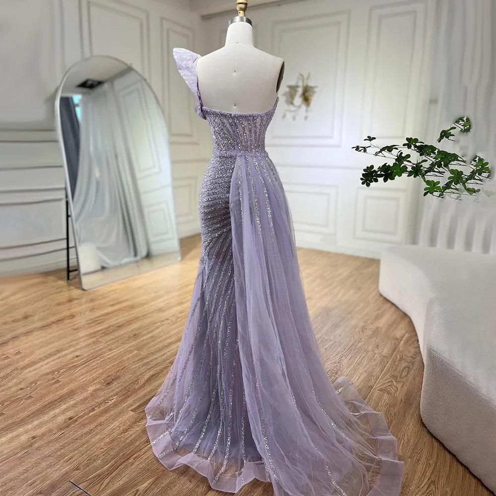 Serene Hill Lilac Elegant One Shoulder High Split Mermaid Beaded Evening Dresses Gowns For Women Wedding Party 2024 LA72277