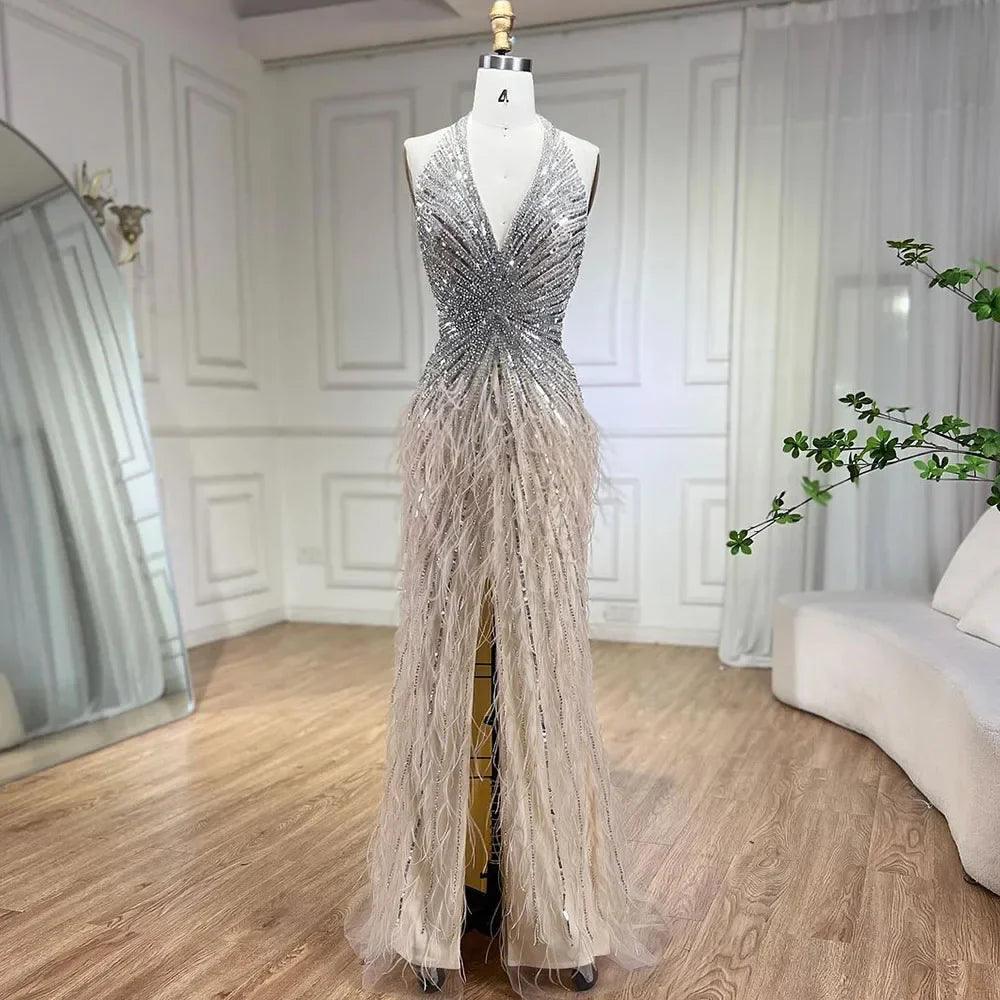Serene Hill Luxury Beaded Feather Beige High Split Mermaid Evening Dresses Gowns Backless 2024 For Women Party LA70623B