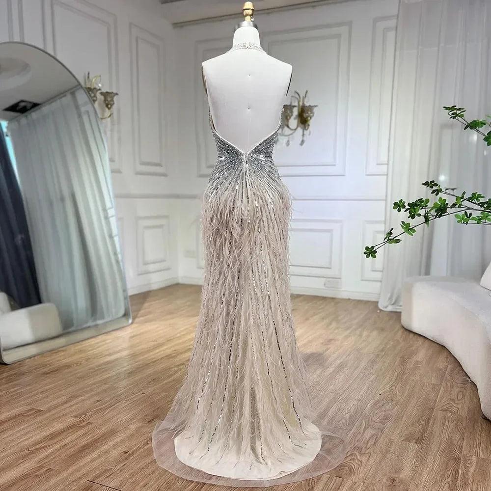 Serene Hill Luxury Beaded Feather Beige High Split Mermaid Evening Dresses Gowns Backless 2024 For Women Party LA70623B