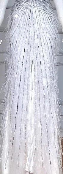 Serene Hill Luxury Beaded Feather Beige High Split Mermaid Evening Dresses Gowns Backless 2024 For Women Party LA70623B