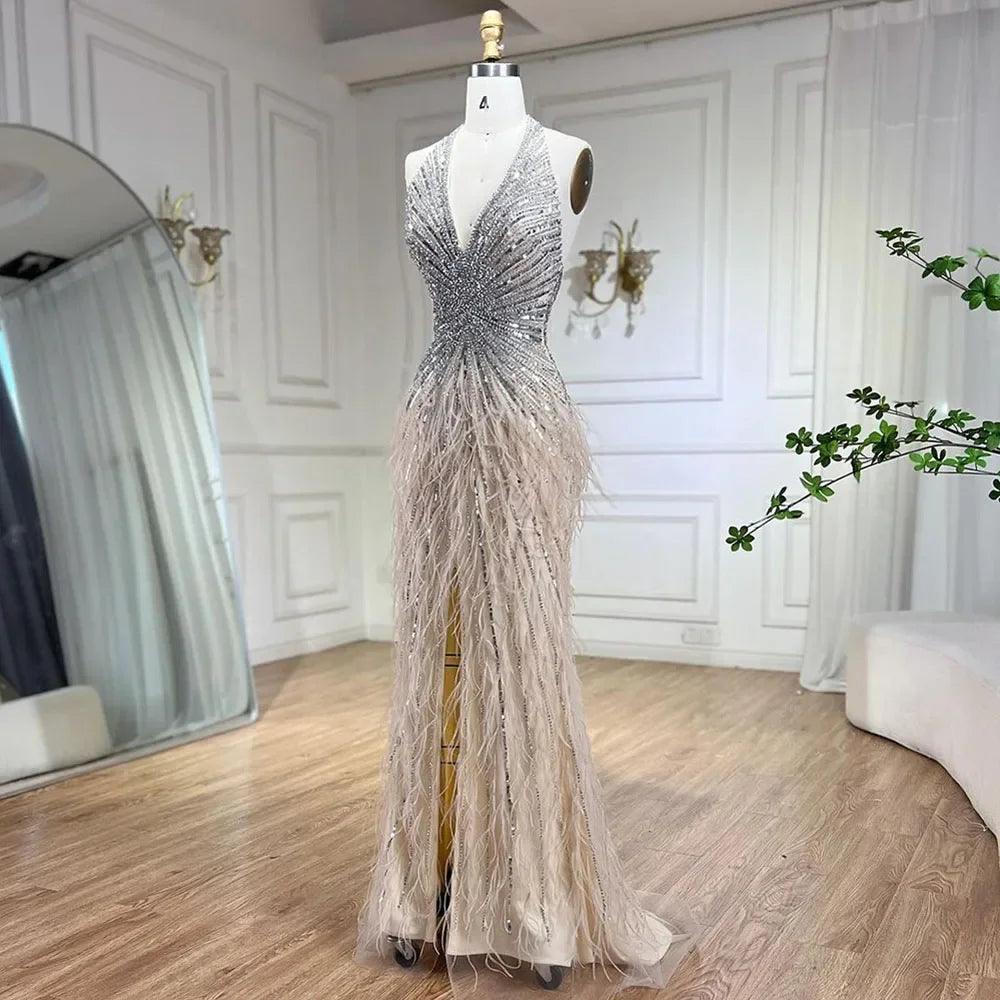 Serene Hill Luxury Beaded Feather Beige High Split Mermaid Evening Dresses Gowns Backless 2024 For Women Party LA70623B