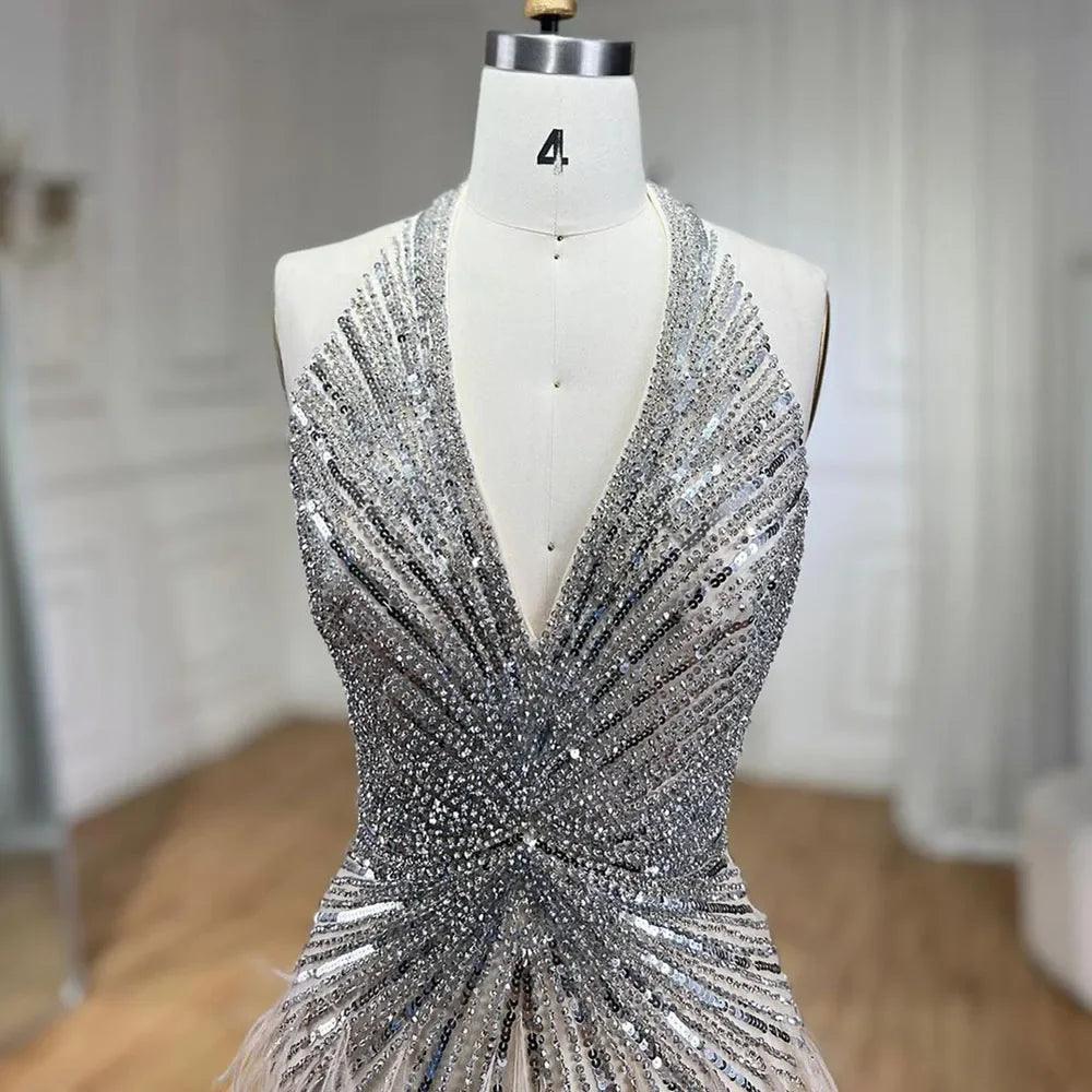 Serene Hill Luxury Beaded Feather Beige High Split Mermaid Evening Dresses Gowns Backless 2024 For Women Party LA70623B