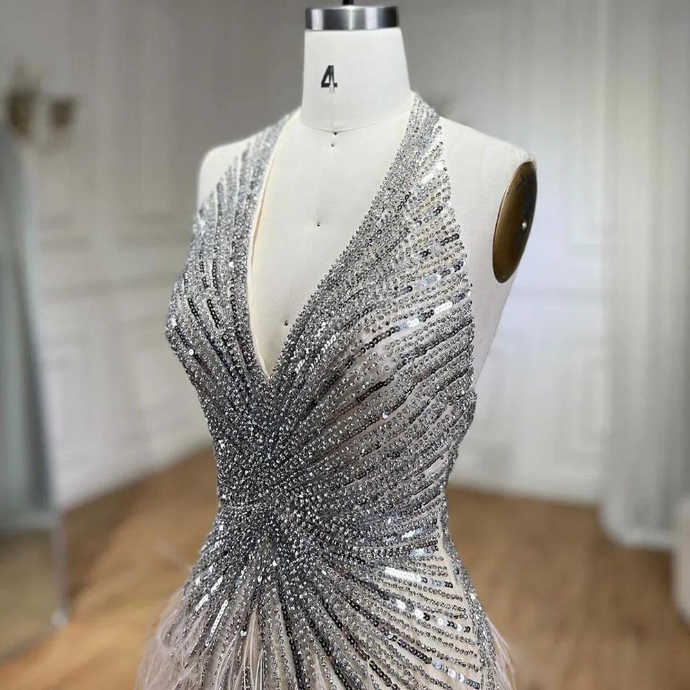 Serene Hill Luxury Beaded Feather Beige High Split Mermaid Evening Dresses Gowns Backless 2024 For Women Party LA70623B